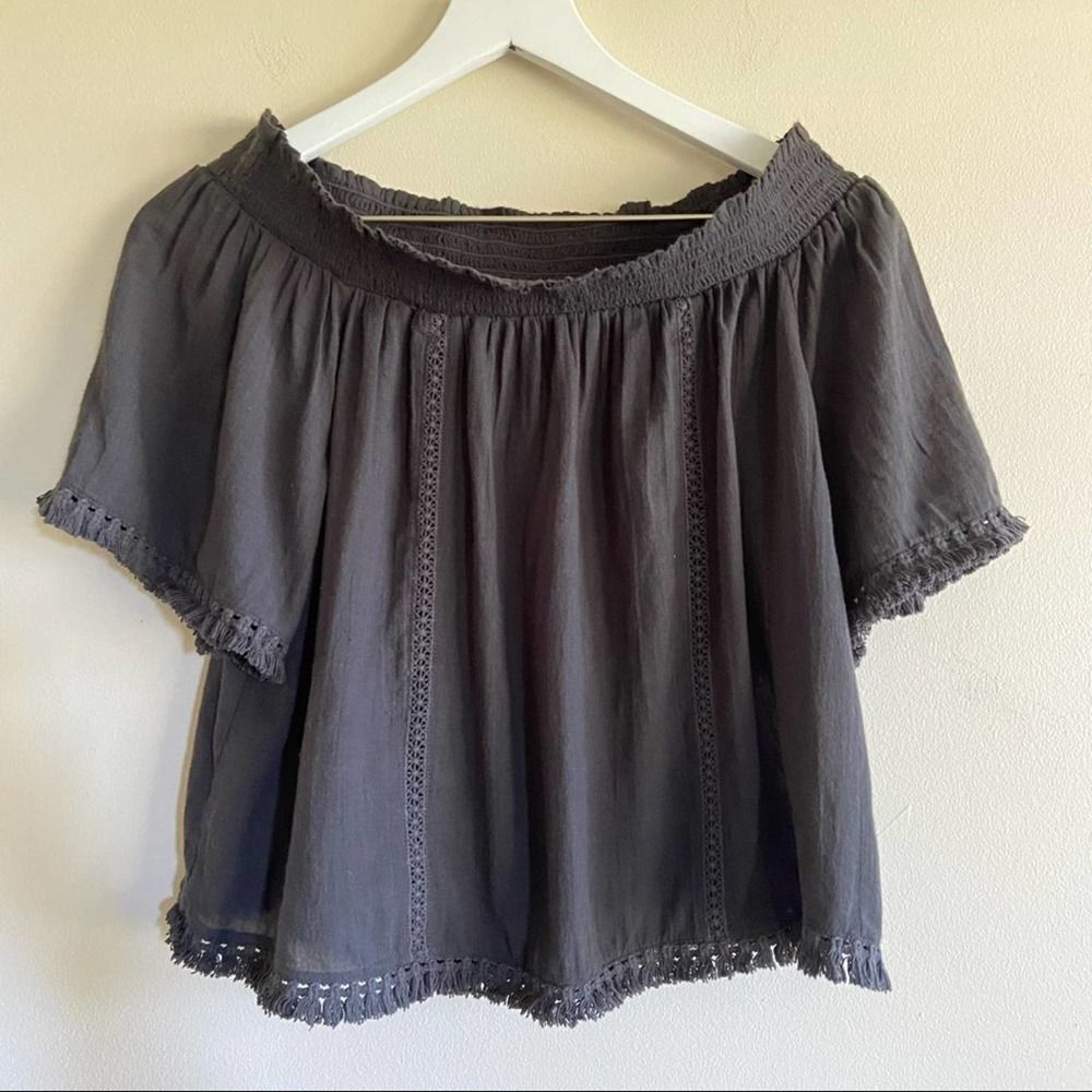AERIE Off the Shoulder Boho Fringe Crop Top New Grey Size Medium